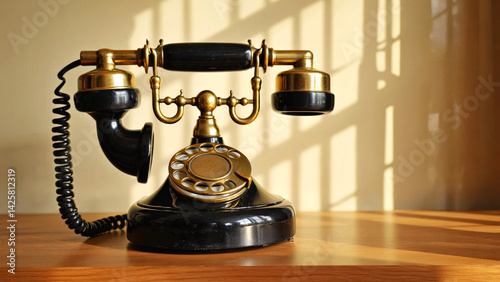 Vintage rotary dial telephone with brass accents on wooden surface