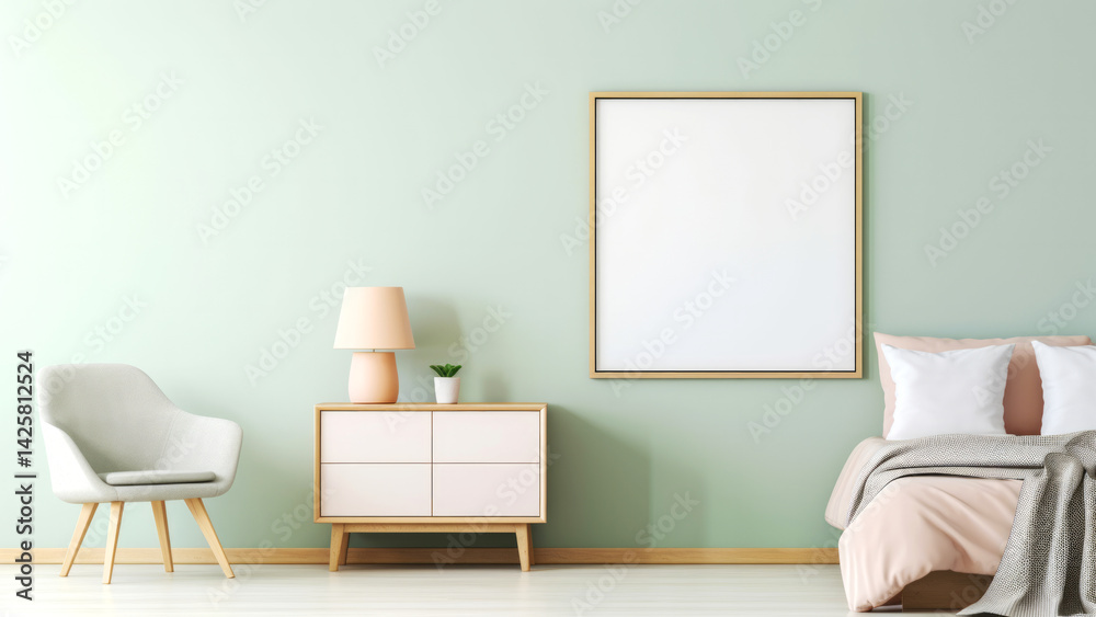 Obraz premium Minimalist bedroom interior with green wall, lamp, chair, and blank picture frame