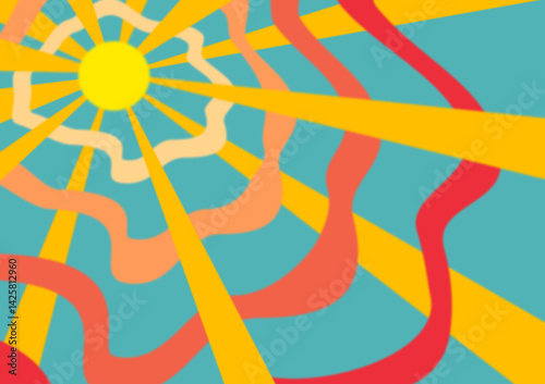 Abstract design with bold, wavy lines radiating from a central yellow circle, resembling the sun. The style is reminiscent of 1970s psychedelic art, characterized by dynamic movement and vivid colors.