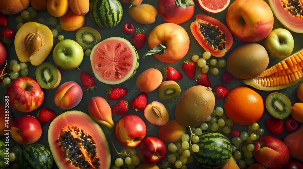 A summer fruits from a bird's eye view, apple, apricot, watermelon, papaya, Generative AI illustrations A summer fruits from a bird's eye view, apple, apricot, watermelon, papaya, Generative AI illustrations