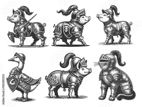 collection pigs, duck, and cat in medieval knight armor, fantasy humor, farm animal charm set bundle sketch engraving generative ai vector illustration. Scratch board imitation. Black and white image.