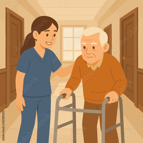 Senior Man Walking with Walker and Nurse Assisting in Hallway