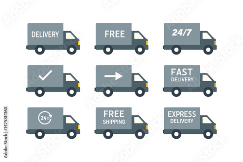 Shipping Truck Flat Icons, delivery truck flat icon set, parcel delivery truck icons, cargo delivery truck vector