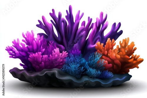 Fototapeta Naklejka Na Ścianę i Meble -  a 2D cartoon illustration of a coral reef with marine life, colorful and vibrant, white background