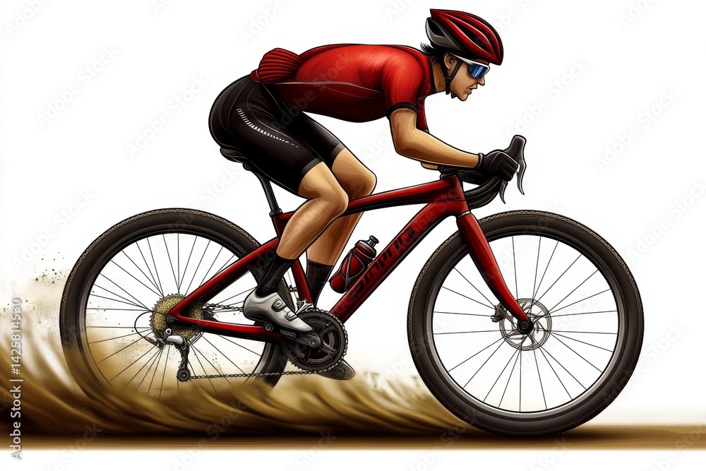 Fototapeta premium a 2D cartoon illustration of a cyclist racing on a road, fast and determined, white background