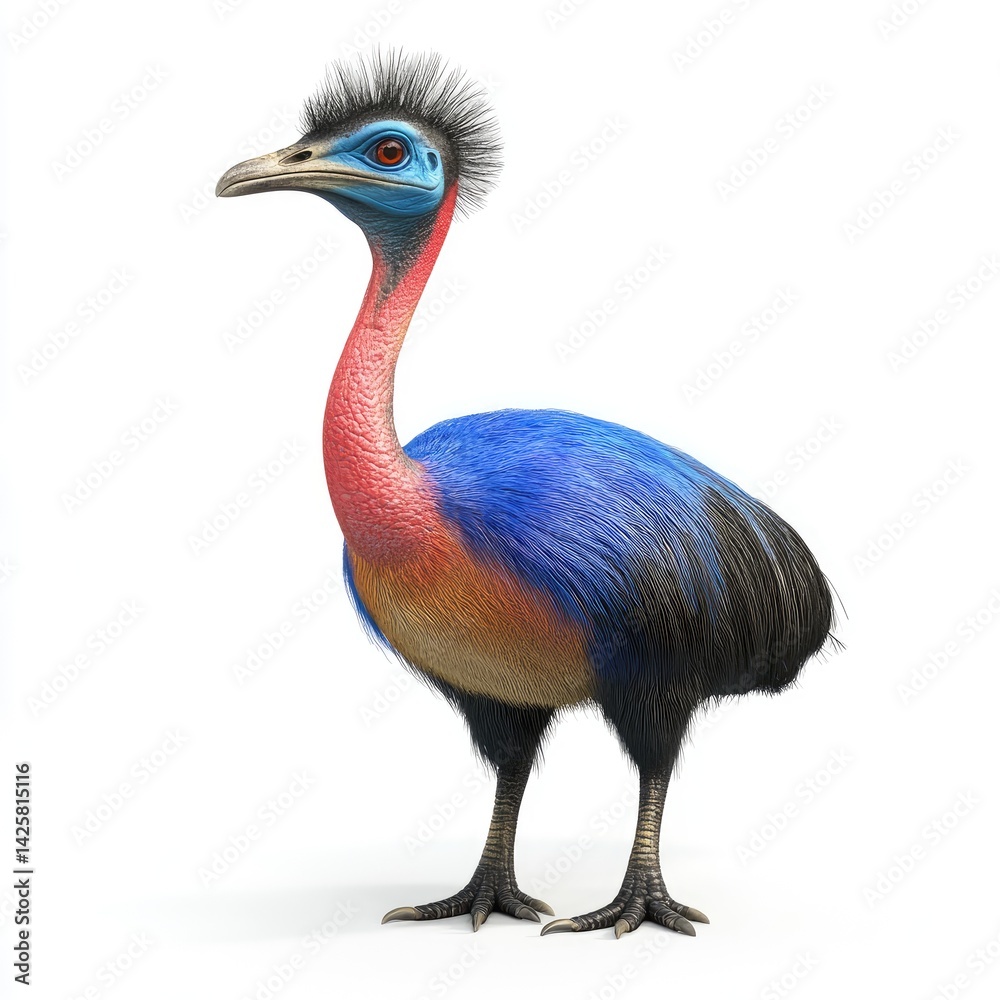 Fototapeta premium Colorful, vibrant emu-like bird stands in profile.