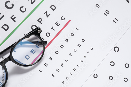 Glasses on vision test chart, top view. Space for text