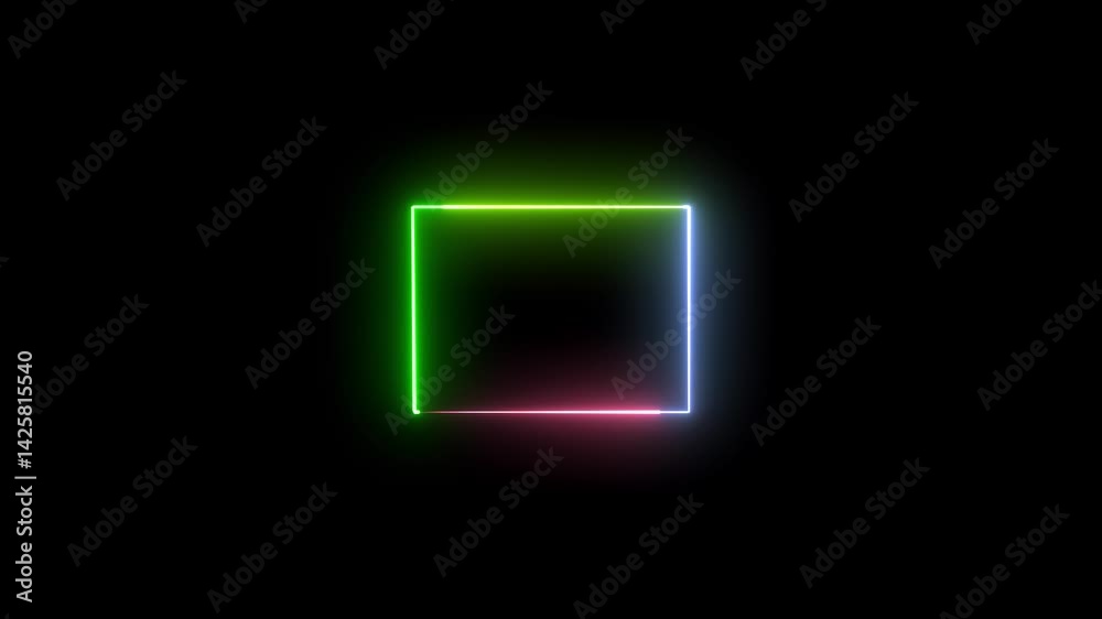 Glowing neon light frame icon animation video on with black background. Glowing neon light frame icon animation video on with black background.