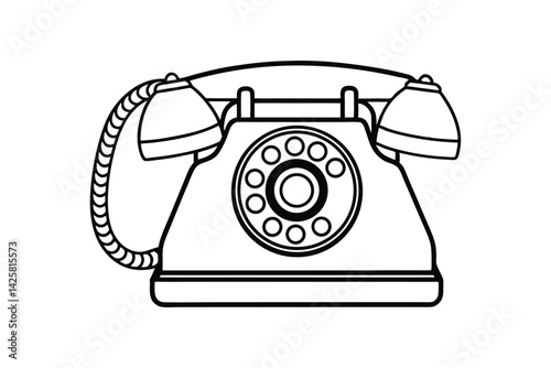 Black and white line art drawing of a classic rotary telephone.eps