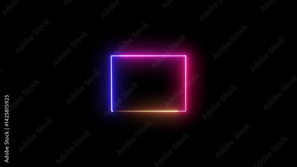 Glowing neon light frame icon animation video on with black background. Glowing neon light frame icon animation video on with black background.