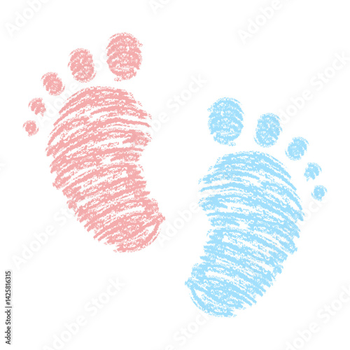 Baby Footprints Pink and Blue. Hand Drawn Crayon Texture Feet Illustration. Cute Newborn Symbol for Birth Announcement, Nursery Art, Gender Reveal, Kids Design