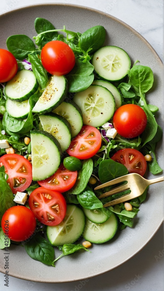 Vibrant close-up showcasing a fresh, colorful garden salad composed of tomatoes, cucumbers, and spinach, with a fork partially visible. Vibrant close-up showcasing a fresh, colorful garden salad composed of tomatoes, cucumbers, and spinach, with a fork partially visible.