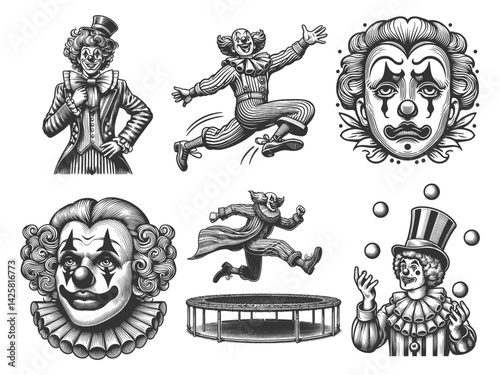 clown set collection circus action scenes bundle sketch engraving generative ai vector illustration. Scratch board imitation. Black and white image.