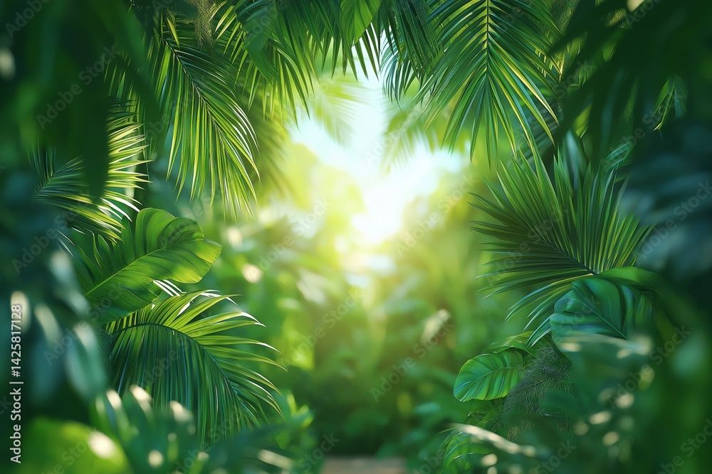 Background with lush green palm leaves and copy space. Concept of tropical nature, summer freshness, natural beauty, and eco-friendly design.