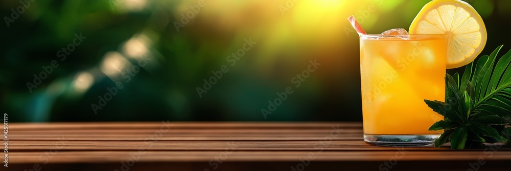 Glass of lemonade on wooden table against blurred green summer background. Concept of refreshing drink, summer relaxation, healthy lifestyle, and natural outdoor enjoyment.