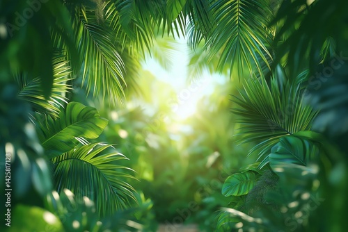 Obraz na płótnie Background with lush green palm leaves and copy space. Concept of tropical nature, summer freshness, natural beauty, and eco-friendly design. w salonie