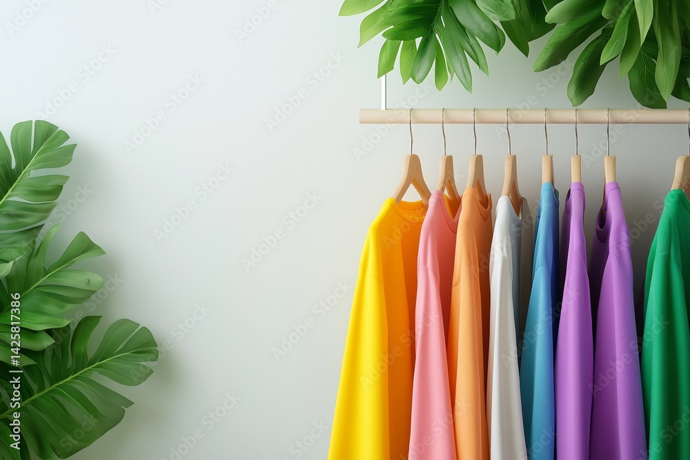 Bright summer colorful sweatshirts hanging on a hanger against a white background with green plants. Concept of casual fashion, seasonal wardrobe update, and vibrant clothing display.