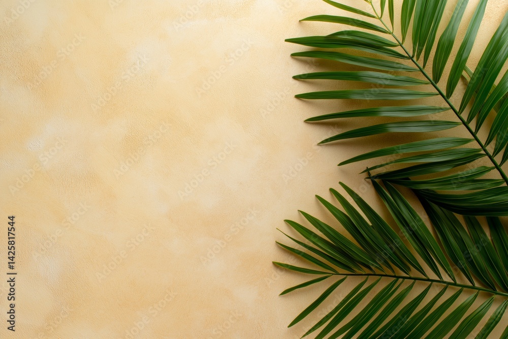 Minimalist background with tropical palm leaves casting soft shadows on beige wall with copy space. Concept of natural beauty, tropical elegance, and modern organic design.