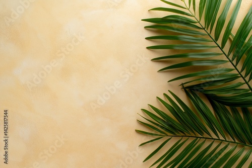 Obraz na płótnie Minimalist background with tropical palm leaves casting soft shadows on beige wall with copy space. Concept of natural beauty, tropical elegance, and modern organic design. w salonie
