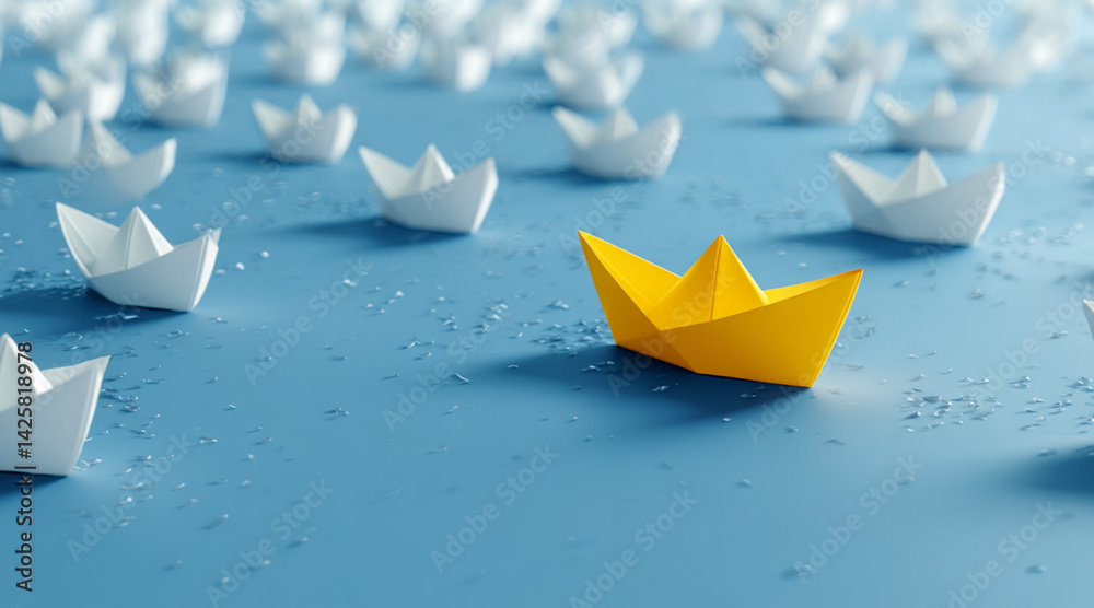 A yellow paper boat navigating blue water among white boats symbolizing leadership and boldness with copy space