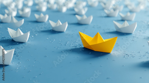 Obraz na płótnie A yellow paper boat navigating blue water among white boats symbolizing leadership and boldness with copy space w salonie