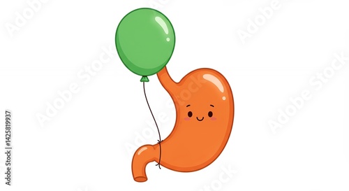 Cartoon stomach holding green balloon illustration health digestion concept