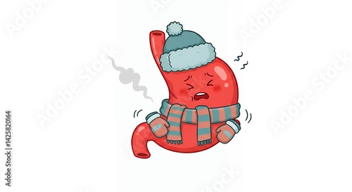 Cartoon stomach illustration showing internal organ with hat and scarf indicating feeling cold