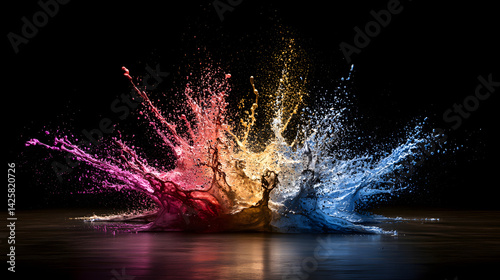 of colorful paint splashes in vibrant shades of pink, blue, and yellow creating a chaotic and dynamic abstract art design 