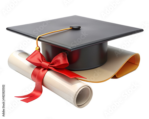 graduation cap and diploma on white