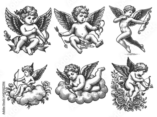 cherubs and cupids with bows, wings, and expressive faces set collection bundle sketch engraving generative ai vector illustration. Scratch board imitation. Black and white image.