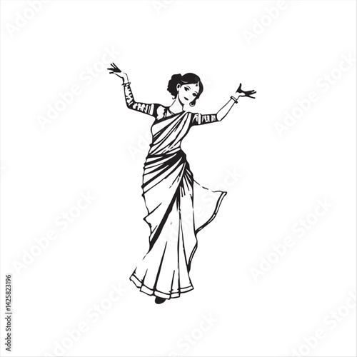Classic black and white hand-drawn sketch of a Bengali folk dancer silhouette.  The image emphasizes rough pencil strokes and texture against a plain white background for an elegant and timeless look