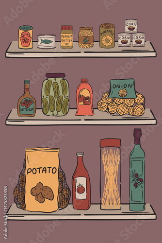 Illustration of pantry shelves filled with jars of preserves, pickled vegetables, canned goods, and bottles of oil.