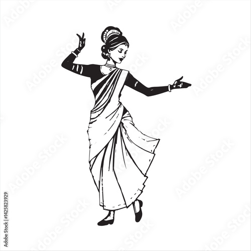 Hand-drawn, classic black and white sketch of a Bengali folk dancer silhouette on a white background.  The rough, textured pencil strokes contribute to the elegant and timeless aesthetic