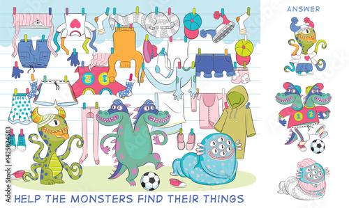 Help little monsters find their things, pick out their clothes. Educational game for children. Cartoon vector illustration