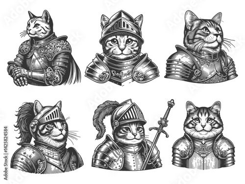 Medieval Knight Cats Set collection bundle sketch engraving generative ai vector illustration. Scratch board imitation. Black and white image.