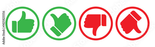 Thumb up and thumb down icons. Like and dislike signs. Good and bad green and red like icons. 