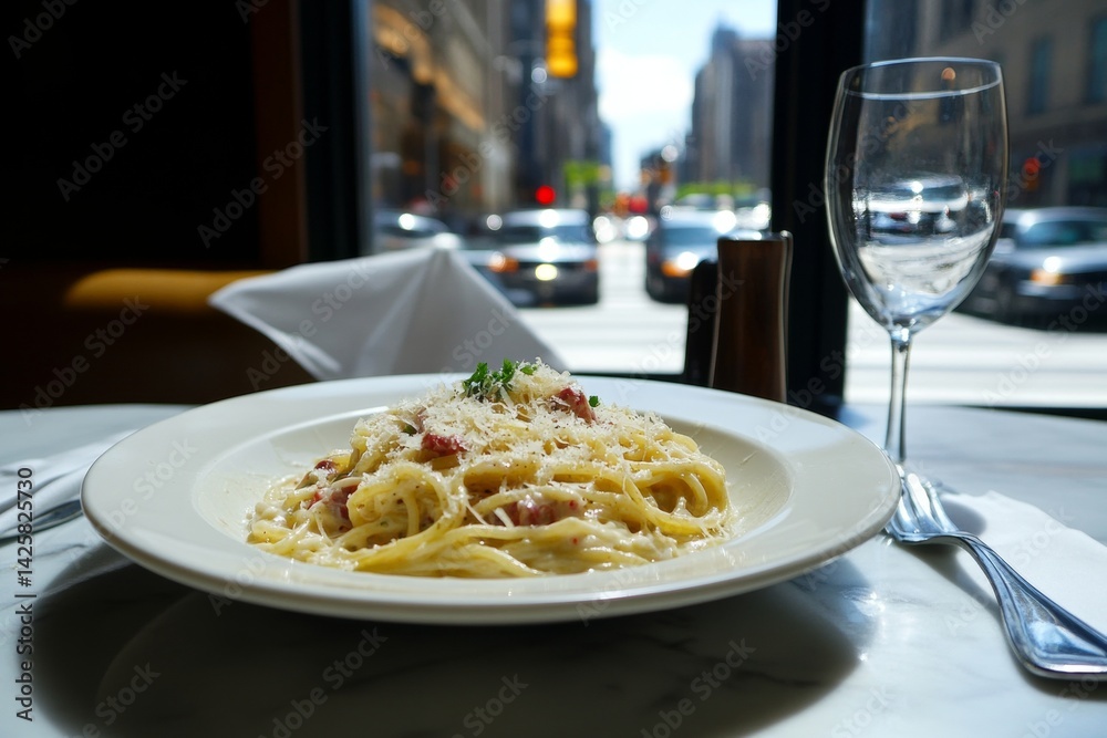 Spaghetti carbonara with parmesan cheese.