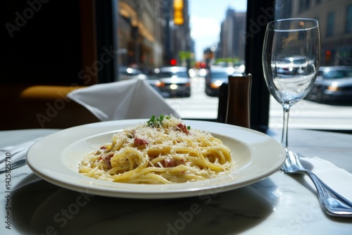 Obraz na płótnie Spaghetti carbonara with parmesan cheese. w salonie