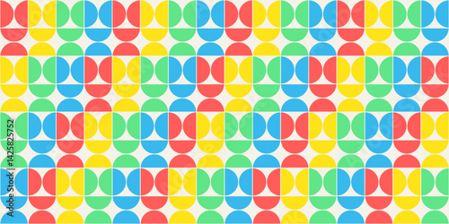 Abstract geometric rainbow bg background, brutalism style elements in random order and colors, seamless vector geo pattern, simple flat style shapes