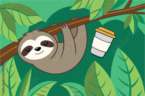 Lazy Sloth Hanging with Coffee Cup Funny Relaxed Animal Vector Illustration