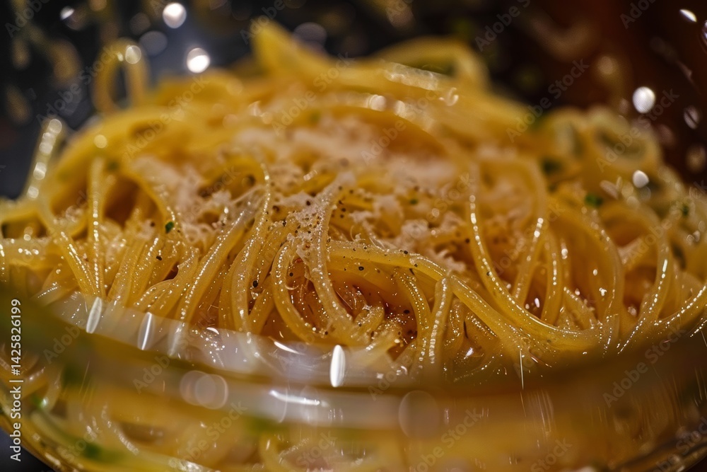 Spaghetti carbonara with parmesan cheese.