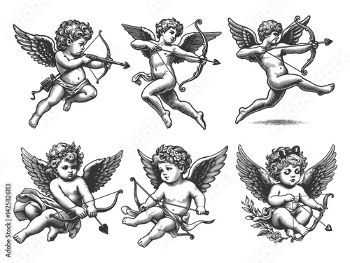 cherubs aiming heart-tipped arrows, flying or sitting with bows Set collection bundle sketch engraving generative ai vector illustration. Scratch board imitation. Black and white image.
