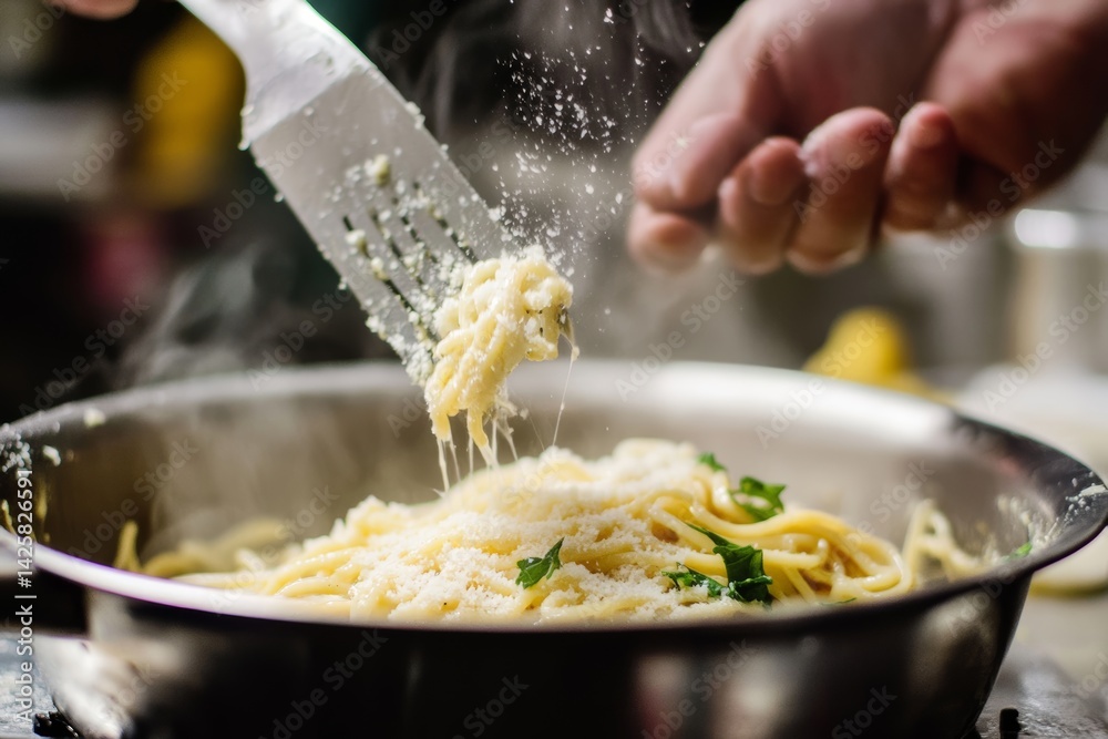 Spaghetti carbonara with parmesan cheese.