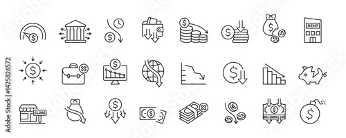 Economic recession icon set. Financial crisis, economic collapse, inflation. vector