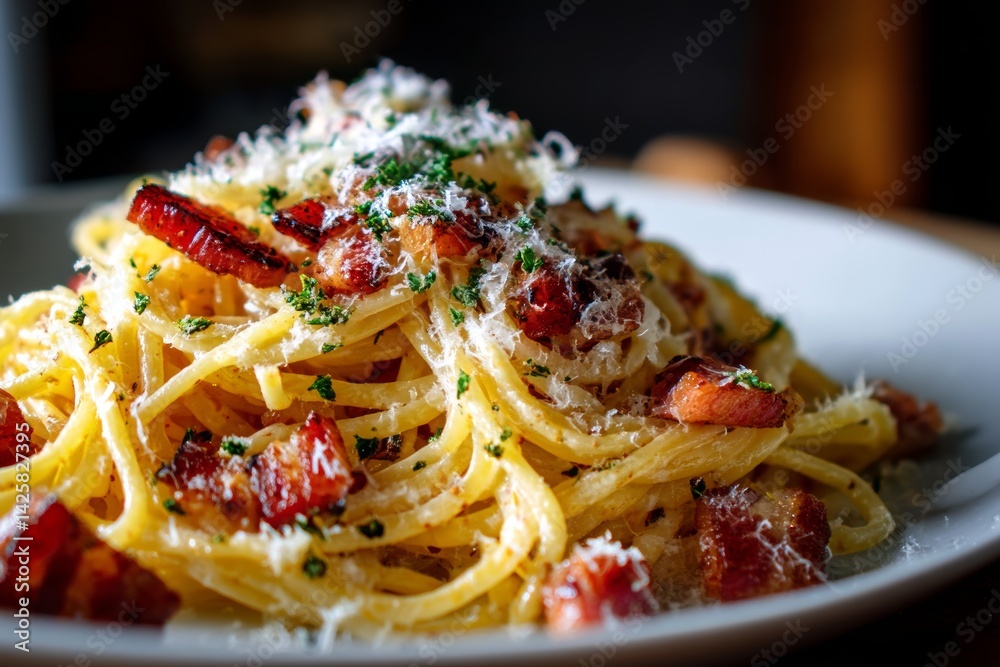 Spaghetti carbonara with parmesan cheese.