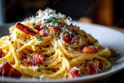 Spaghetti carbonara with parmesan cheese.