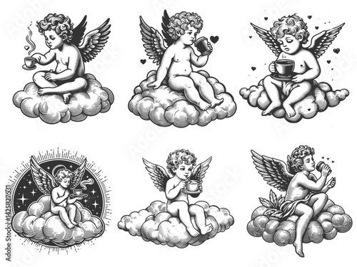 cupids coffee, in a whimsical baroque engraving style with hearts and stars set collection bundle sketch engraving generative ai vector illustration. Scratch board imitation. Black and white image.