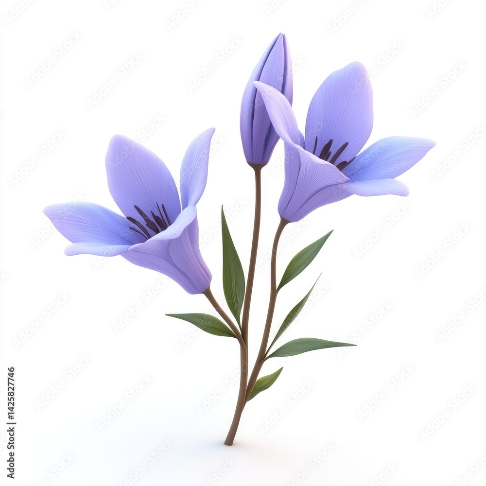 Fototapeta premium Three delicate light purple flowers on a stem.
