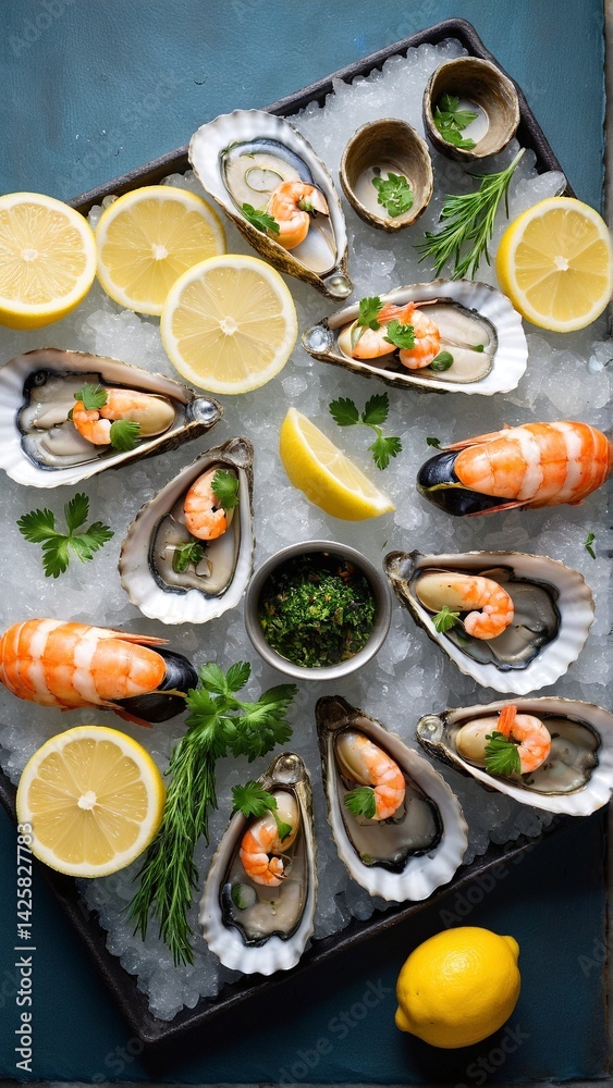 Fresh Oysters and Shrimp Served on a Bed of Ice with Bright Lemon Slices and Green Herb Garnish. Fresh Oysters and Shrimp Served on a Bed of Ice with Bright Lemon Slices and Green Herb Garnish.
