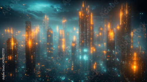 Cyberpunk-style city layout blueprint with vertical zoning,Generative ai illustrative